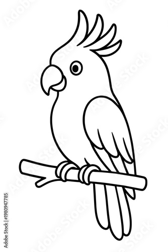 A cute  macaw parrot with exotic feathers and a sharp beak sits on a tropical jungle tree branch 