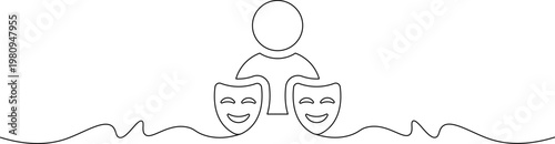 A minimalist line drawing of a person with comedy and tragedy masks