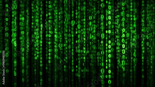 Cascading streams of glowing green binary digits fall against a dark background