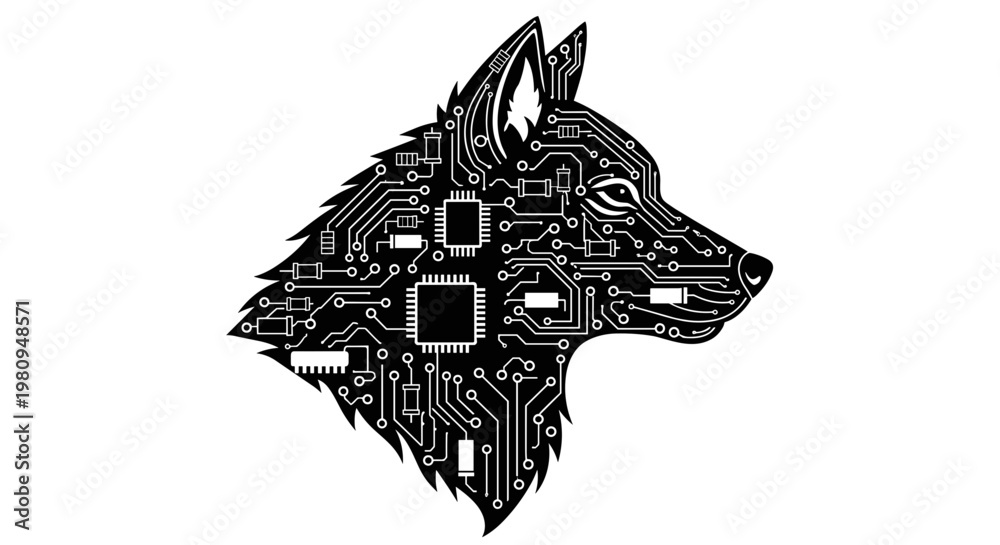 Obraz premium Wolf Head Cyberpunk Circuit Board.