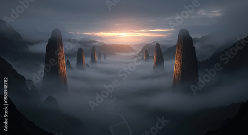 Mysterious Ancient Ruins in a Misty Valley at Dawn