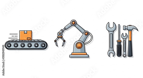 Industrial automation equipment including conveyor belt robotic arm and tools.