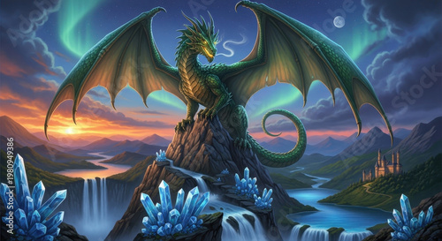 Fantasy Dragon Perched on a Cliff at Dusk