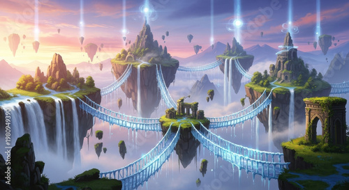 Floating Bridge Over Waterfalls in a Fantasy Landscape