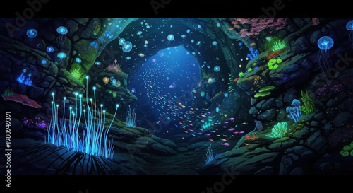 Underwater scene with glowing jellyfish and marine plants on a rocky seabed