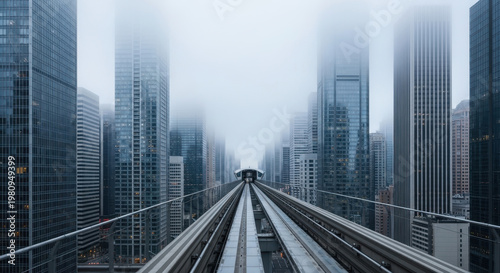 Modern skyscrapers with foggy cityscape