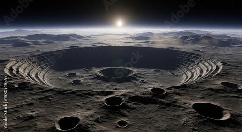 Lunar Landscape at Sunrise with Crater