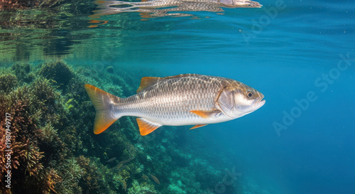 Silver fish swimming near coral reef in clear blue ocean water