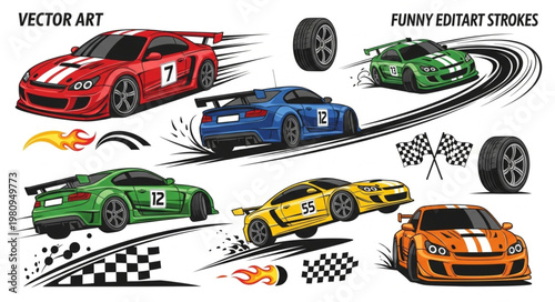 Collection of Racing Cars and Elements for Sports Theme.