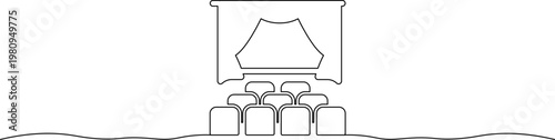 A minimalist line drawing of a movie theater with a large screen and rows of seats in a simple style