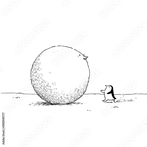 A black and white illustration of a small dog pushing a large ball on the ground with a bird on top conveying determination and effort in a simple landscape