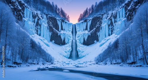 Winter Waterfall in Snow-Covered Forest