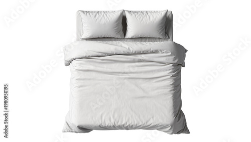 Cuadro en lienzo Isolated comfortable white bed with soft duvet and two pillows, top view of fres