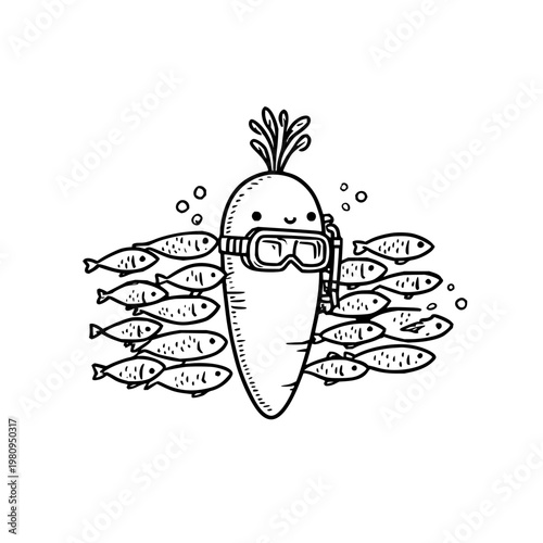 Smiling cartoon carrot in scuba gear swims with a school of fish underwater