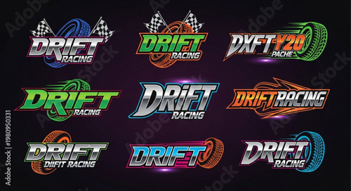 Drift Racing Logo Collection with Checkered Flags and Wheels.