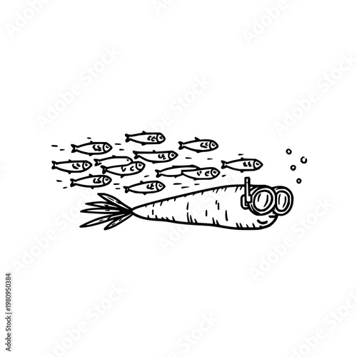 A large fish wearing scuba goggles swims with a school of smaller fish underwater in a cartoon illustration