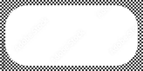 Rectangle frame with checkered print on borders. Rectangular vignette with checkerboard, race flag or chess game pattern isolated on white background. Vector graphic illistration.