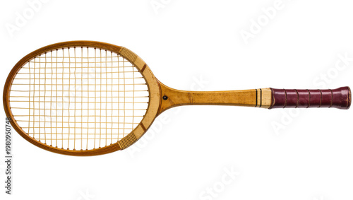 Foto Isolated old wooden tennis racket with traditional gut strings and aged leather