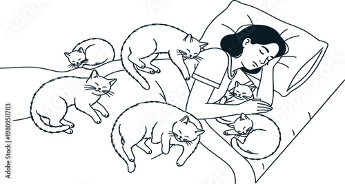 A tranquil night's sleep for a woman surrounded by her many affectionate cats, depicting the deep comfort and companionship of a pet-filled home
