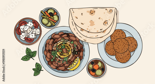 Top View Illustration of a Traditional Egyptian Breakfast with Fava Beans Falafel and Pita Bread