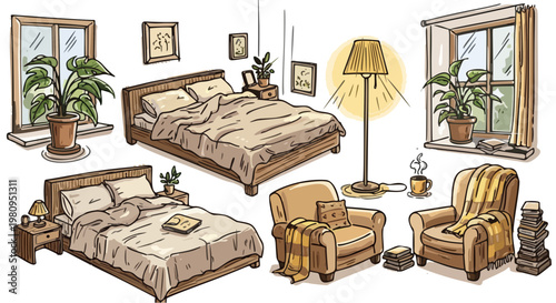 Cozy Living Room Hand-Drawn Sketches: Beds, Armchairs, Window Plants, and Lamps