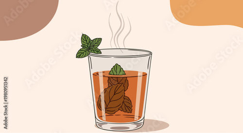 Vector Illustration of a Traditional Glass of Hot Mint Tea with Fresh Leaves