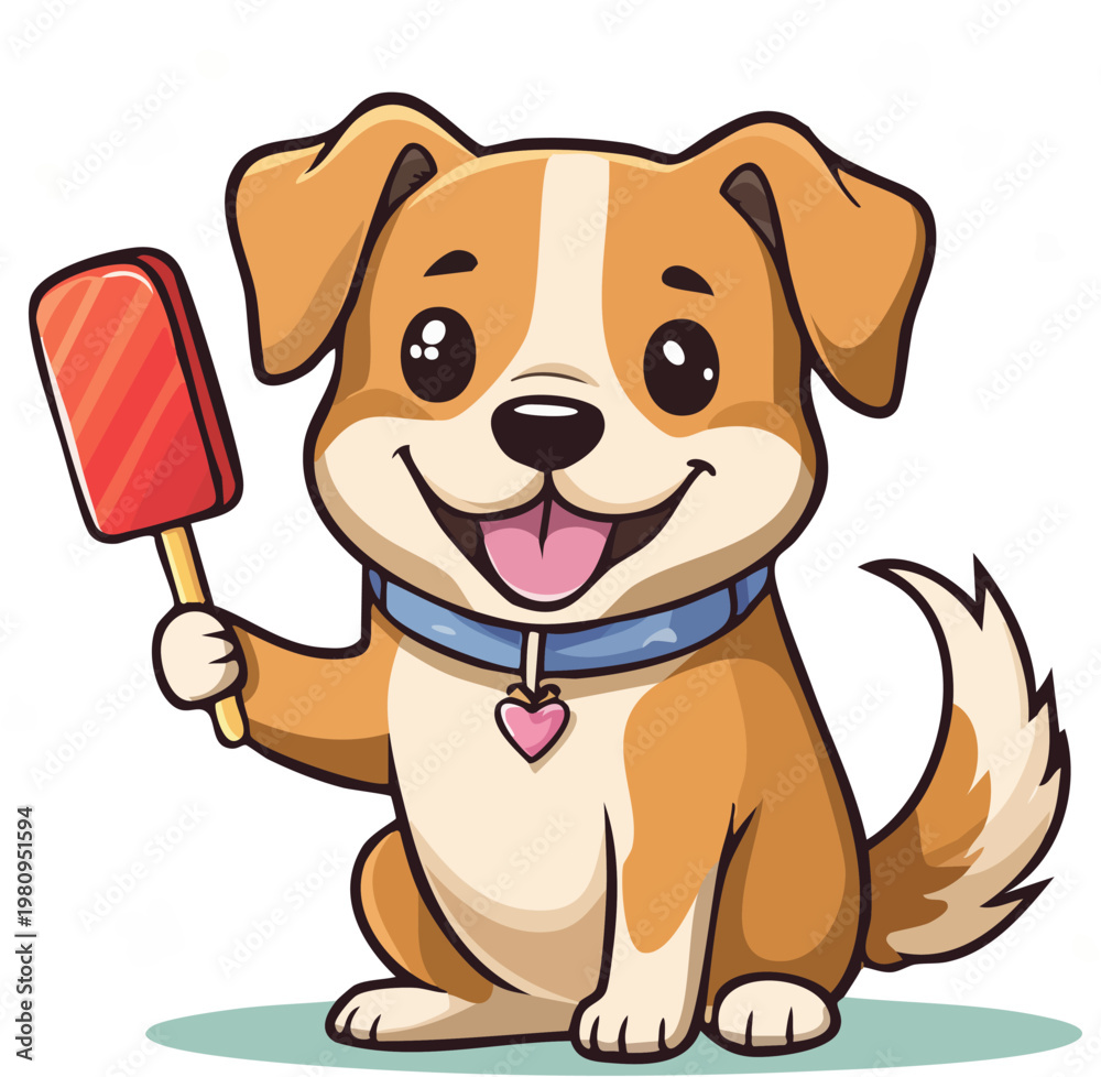 Fototapeta premium Cute Puppy Dog Holding a Red Popsicle Ice Cream with Playful Smile