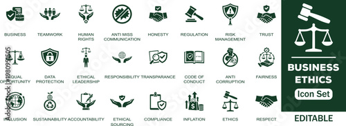 Business ethics editable solid icon set. Ethics, risk management, compliance, integrity, responsibility, trust, law, justice, honesty, leadership and more perfect flat vector icons collection.