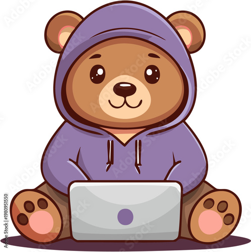 Cute Bear Wearing a Purple Hoodie and Using a Laptop Computer