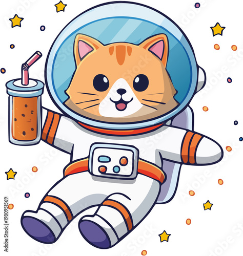 Cute Astronaut Cat Floating in Space and Holding a Bubble Tea Drink
