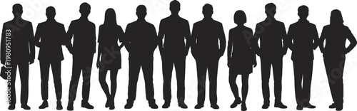 Business team silhouettes standing together, diverse corporate professionals group, teamwork and leadership concept isolated on white background illustration
