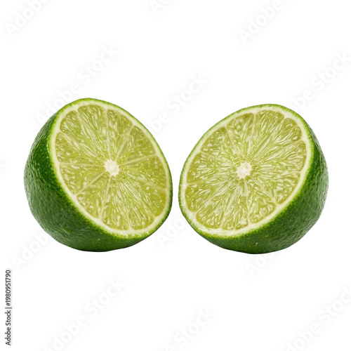 Two Fresh Green Lime Halves Isolated on a Plain White Background