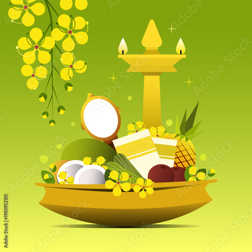 Conceptual illustration of Vishu Kani with traditional lamp, fruits, mirror, and golden shower flowers, symbolizing prosperity, light, and auspicious beginnings in Kerala festival culture