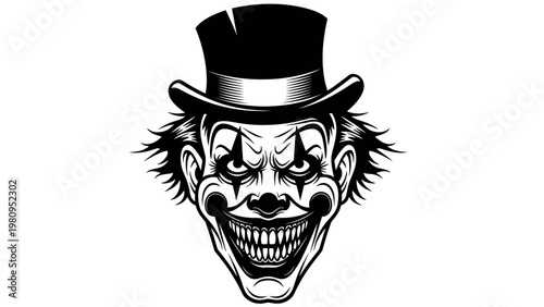 Scary Clown Face with Top Hat, Horror, Evil Grin, Halloween, Black and White