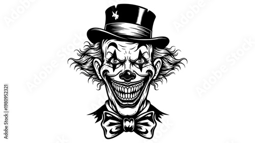 Scary Clown Portrait with Top Hat and Bow Tie - Horror Character Illustration