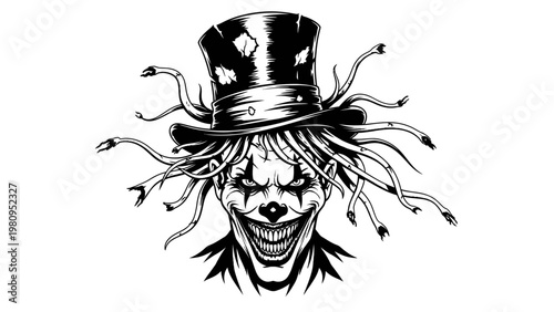 Scary Clown Face with Top Hat and Tentacles, Horror Halloween Character
