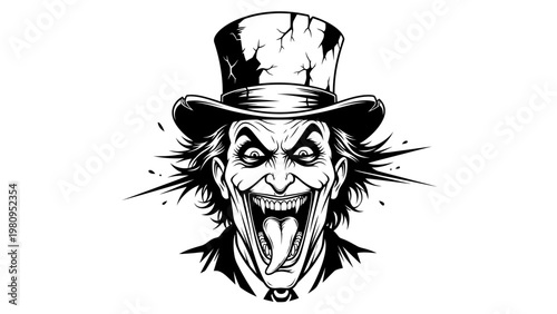 Creepy Joker Face with Top Hat, Scary Grin, Tongue Out, Horror Villain Illustration