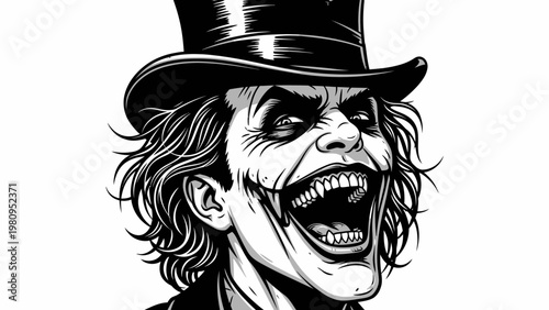 Creepy Joker Man with Top Hat and Wide Grin, Black and White Illustration