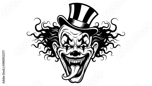 Scary Clown Face with Top Hat and Wild Hair, Horror Theme, Evil Grin