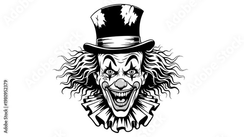 Scary Clown Face with Top Hat and Ruffled Collar - Black and White Illustration