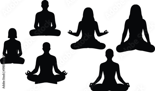 Yoga meditation silhouettes set in lotus pose, men and women practicing mindfulness, relaxation and wellness concept isolated on white background