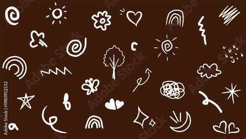 Hand drawn playful kids doodle set with cute flower, cloud, butterfly elements, suns, hearts, stars, clouds, trees, rainbows, and abstract scribbles in a playful, aesthetic style. Vector illustration