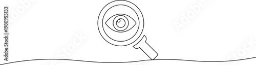 A minimalist line drawing of a magnifying glass focusing on an eye in a simple landscape