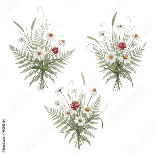 Elegant Botanical Floral Arrangement with Ferns and Wildflowers for Home Decor