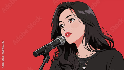 Woman with long black hair singing into microphone