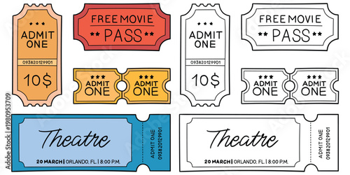 Hand-drawn cartoon and doodle set of tickets on a white background.