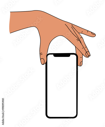 Hand gently holds smartphone. Fingers rest above screen's edge. Minimalist design, clean lines. Ideal for tech or mobile app concepts.