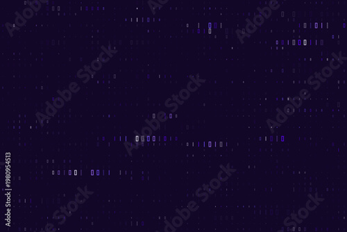 Abstract quantum computing data stream with binary code on dark purple background for cybersecurity