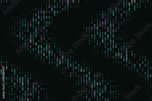 Digital quantum computing data stream visualization with teal and purple binary code patterns