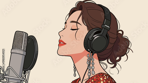 Woman Wearing Headphones Singing with Microphone